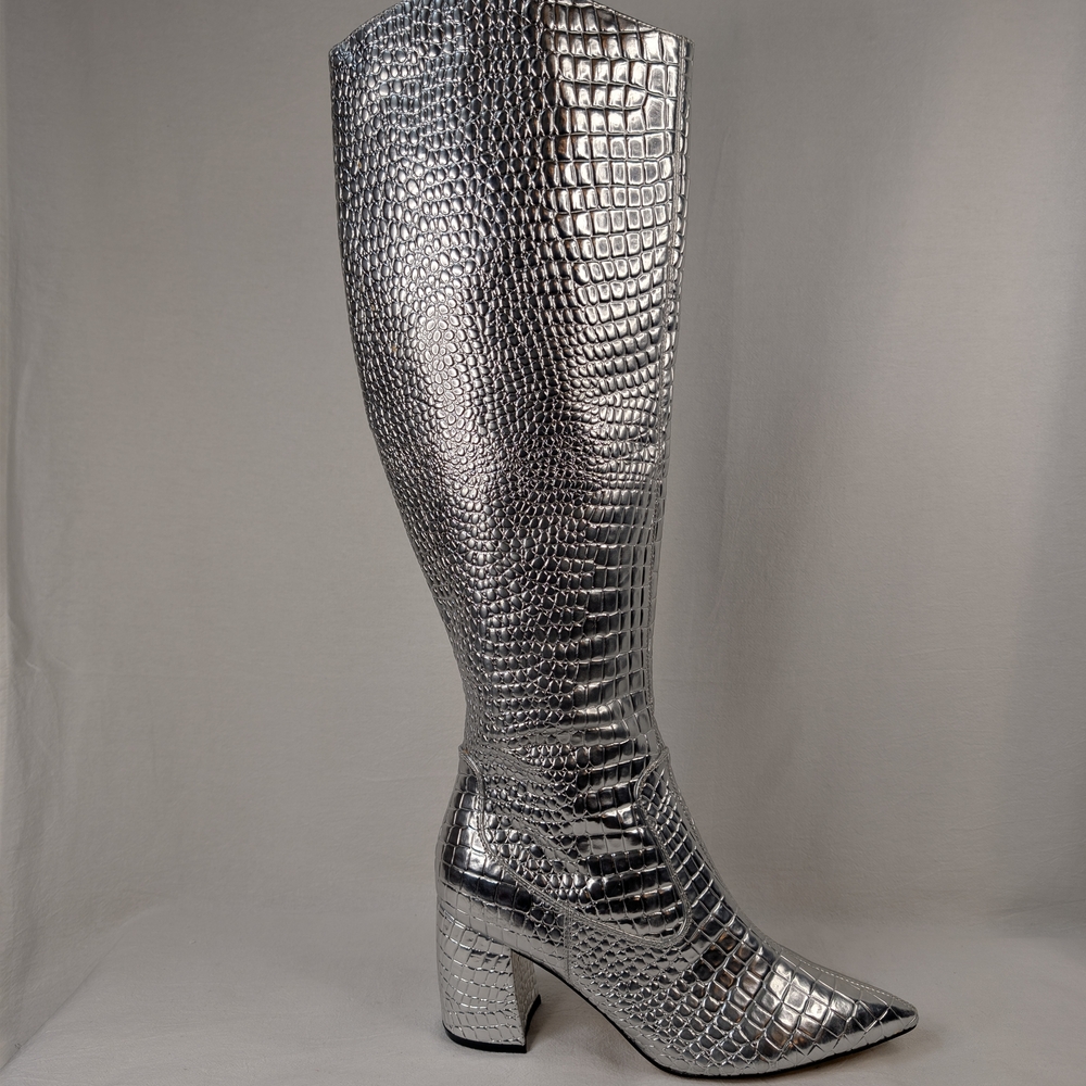 Marc Fisher Retie Silver Metallic Croco OTK Boots Pointed Toe Size 8M Heeled